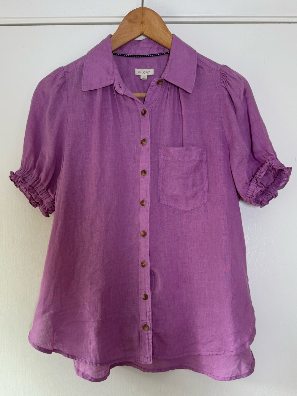 Pilcro Anthropologie Aly 100% Linen Puff Sleeve Shirt Boho Chic Coquette Prairie